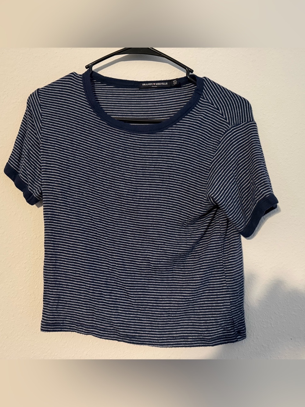 Brandy Melville Navy and White Striped Crewneck Tee